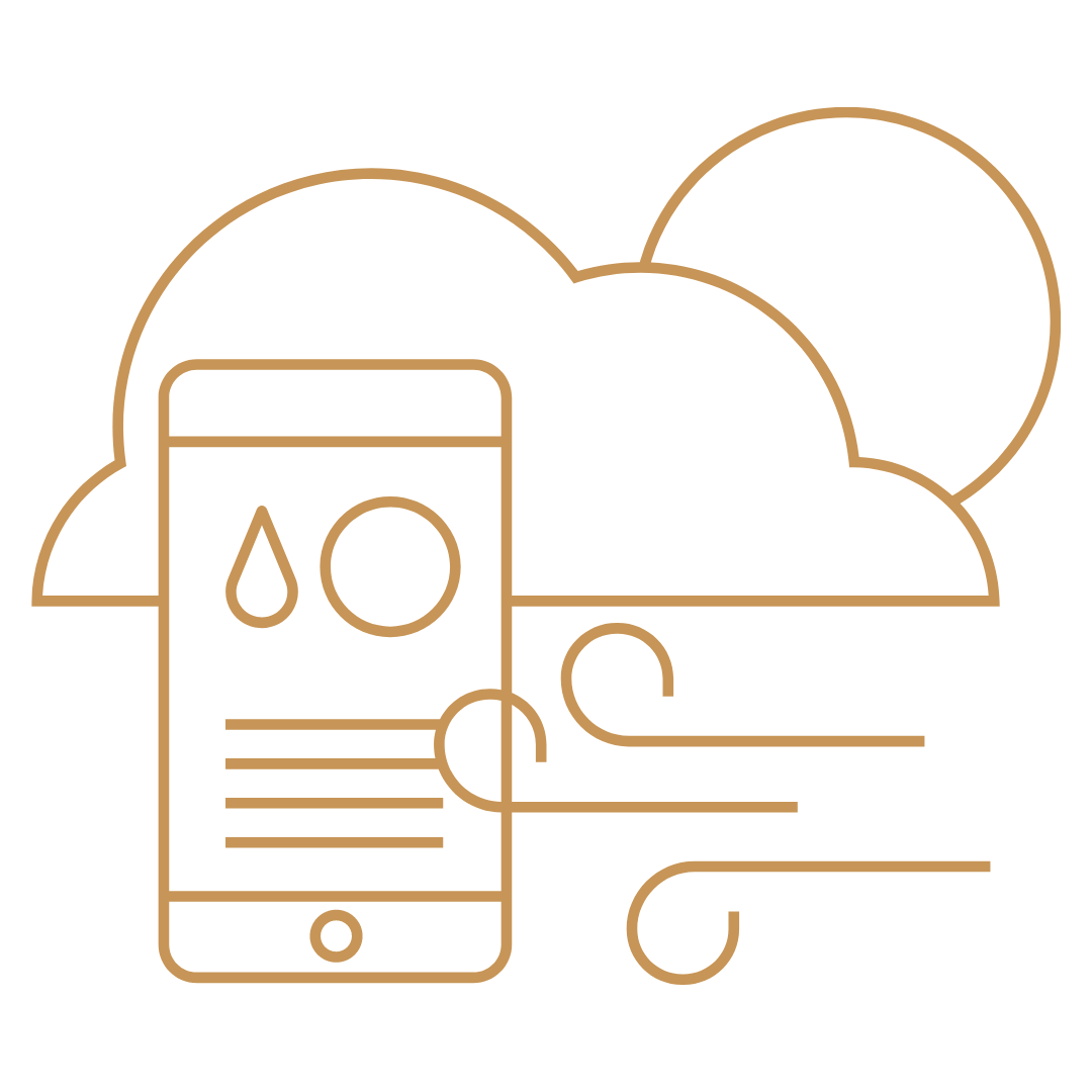 Primitive image of smart phone with clouds and wind icons.