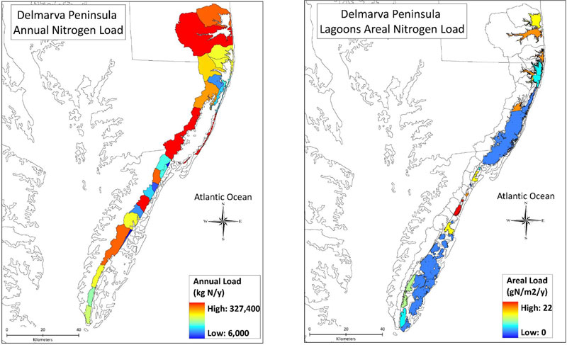 maps showing nitrogen loads in Delmarva coastal bays