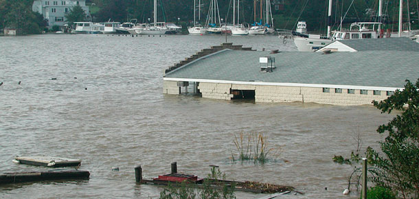 partially submerged building in flood