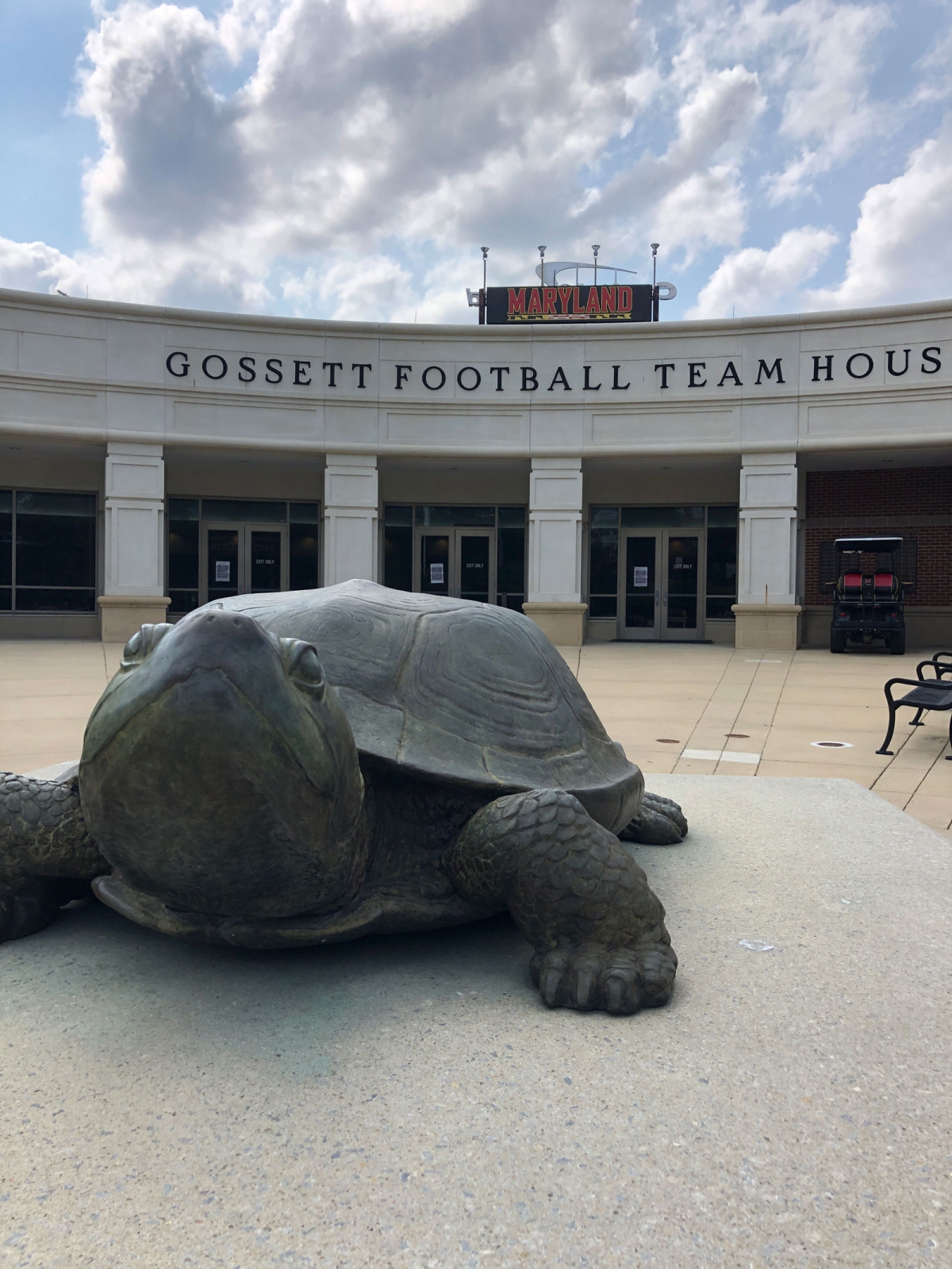 A large metal statue of Testudo the Terrapin at the University of Maryland campus.