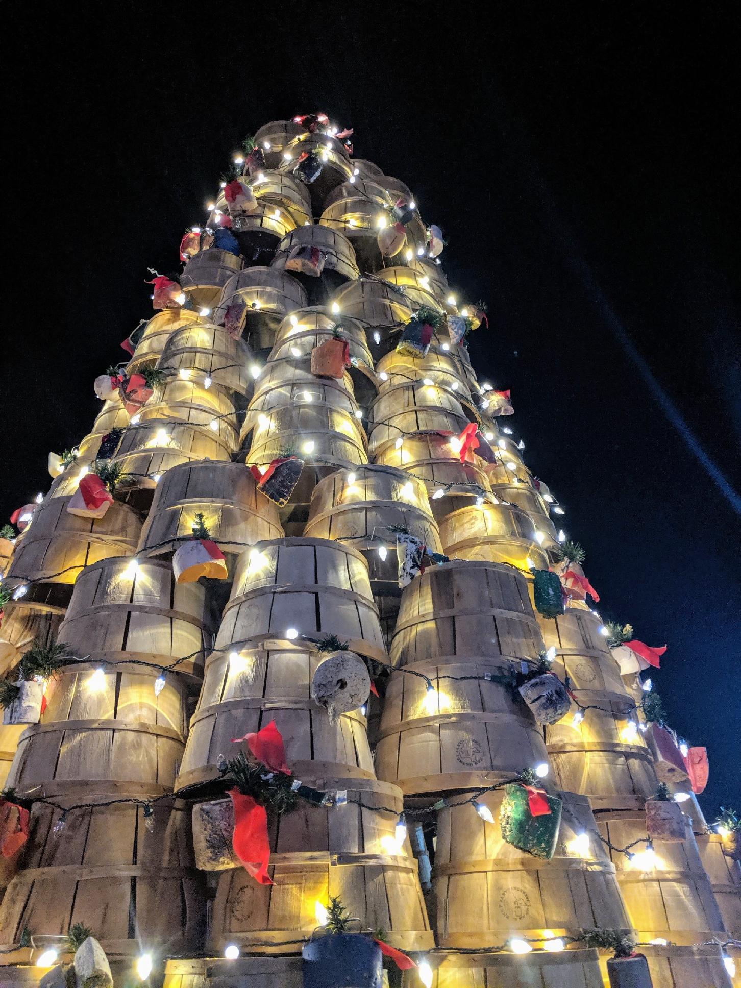 The City of Cambridge’s holiday decorations include a tree made from bushel baskets and decorated with buoys.