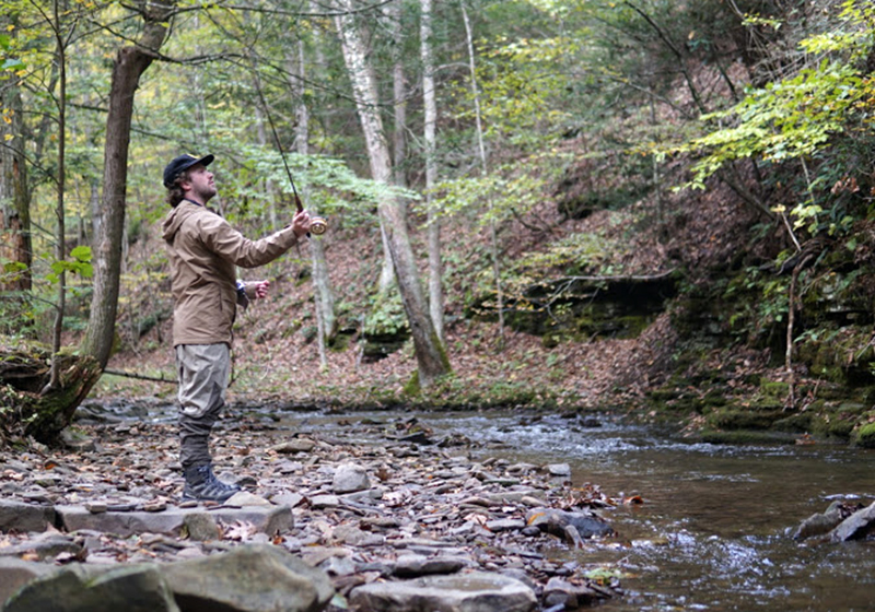 Image of wooded creek with fisherman on the left bank.