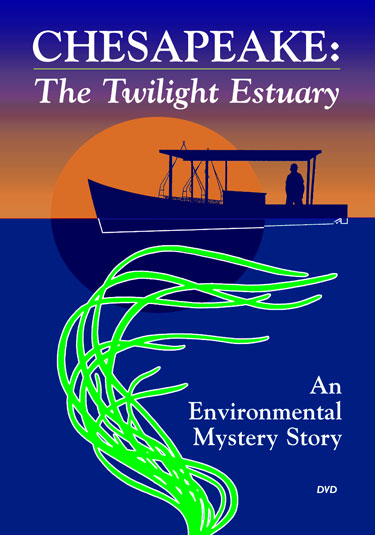 Cover of Chesapeake: The Twilight Estuary (DVD) showing a fishing boat silhouette against a sunset with green tentacle-like grasses underneath.