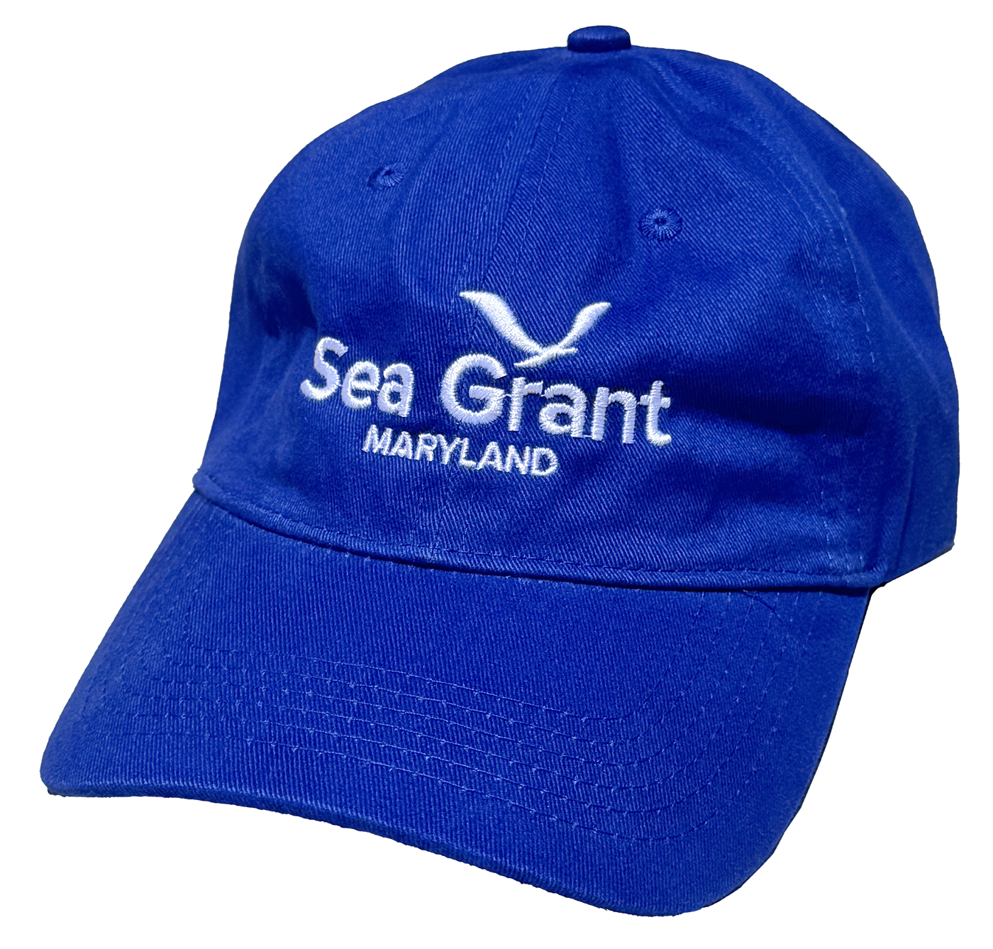 Front view of a baseball style hat, with a bill, with Maryland Sea Grant logo embroidered on the front.