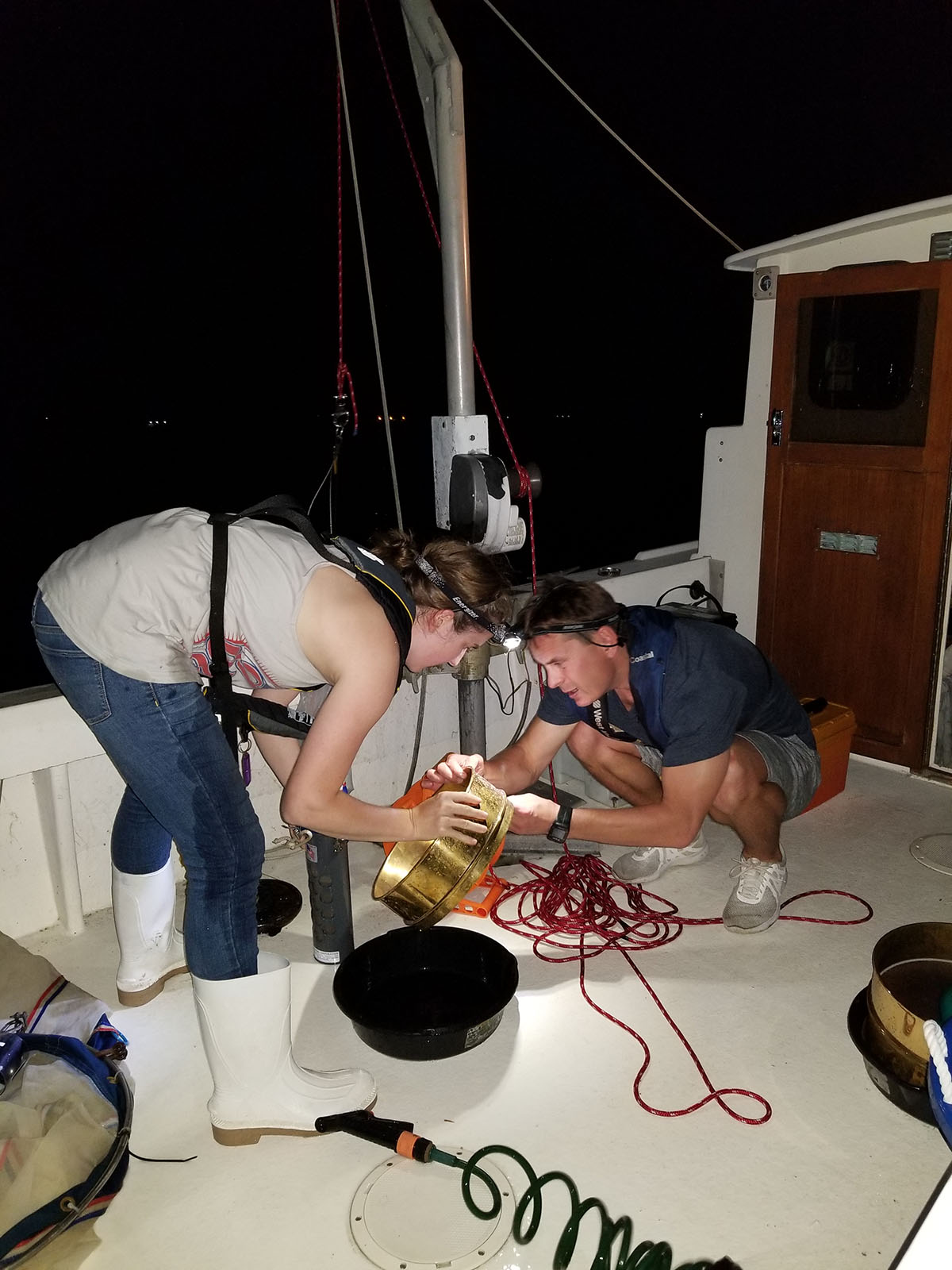 St. Mary’s College of Maryland student Theresa Murphy (left), a technician in the Woodland lab, and Timo Arula, a postdoctoral fellow in the Woodland lab, prep equipment for nighttime collection.