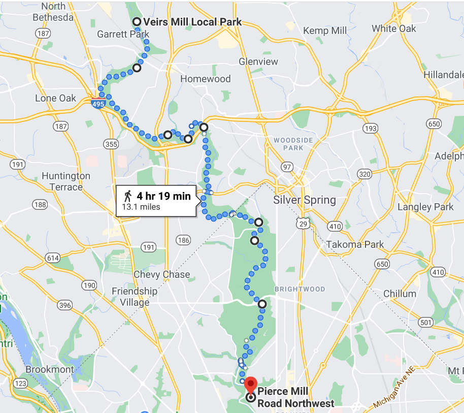 Image of map, tracing the route of our ride at Veirs Mill Park in Maryland and rode to Peirce Mill in Washington, D.C., following Rock Creek downstream towards the Potomac River.