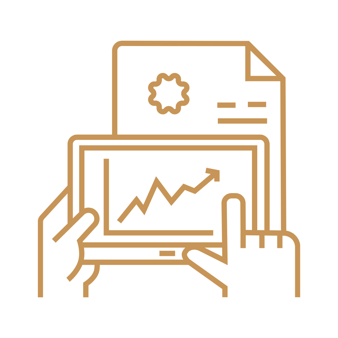 Primitive image of hands holding a smart tablet with clouds that has a line chart on it, displaying upward growth. The hand and the tablet are in front of a legal document.