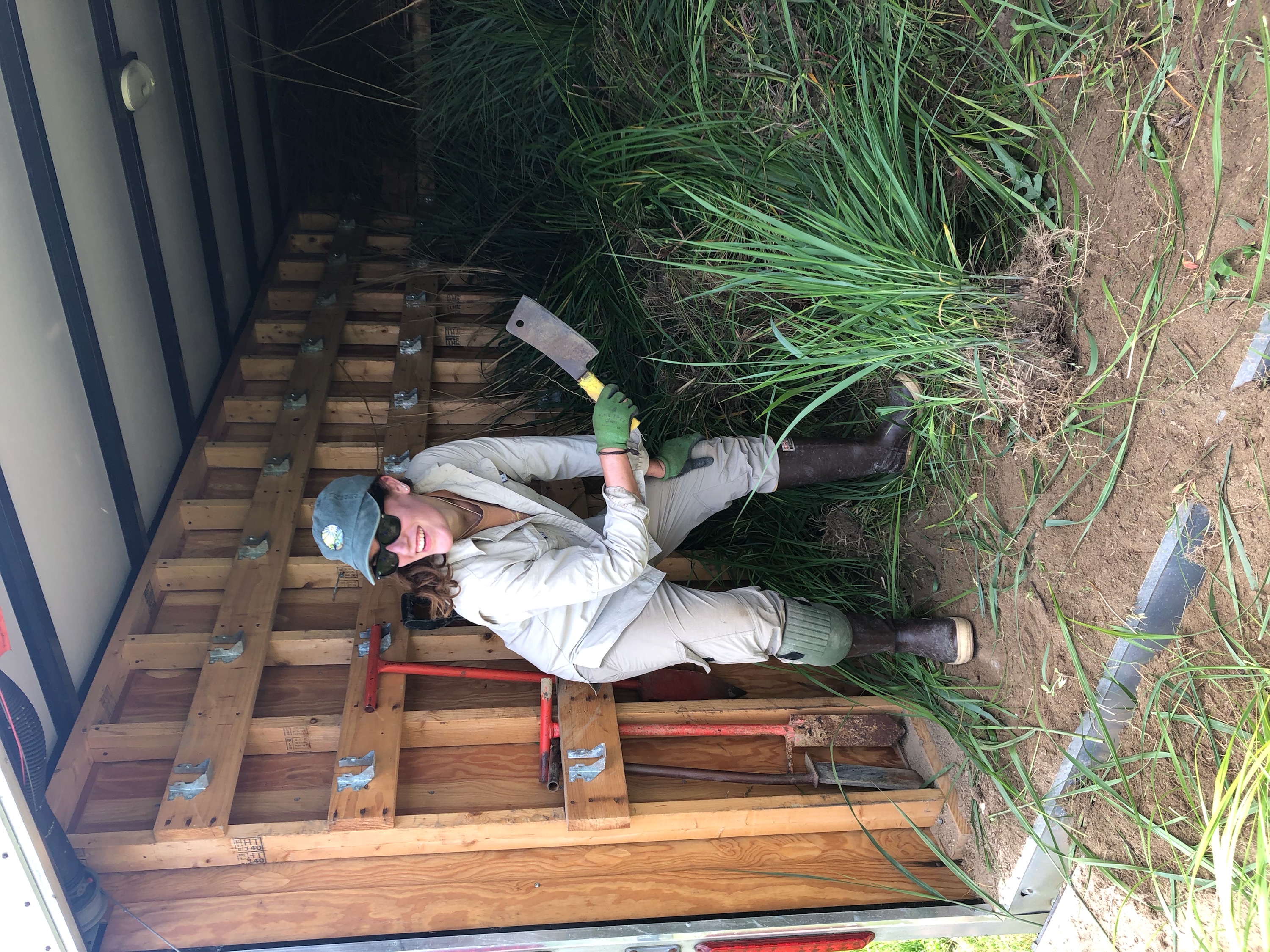 Dani Weissman wields a butcher knife to splice up native marsh grasses for habitat restoration experiments in Princess Anne, Maryland. Photo Credit: Dani Weissman