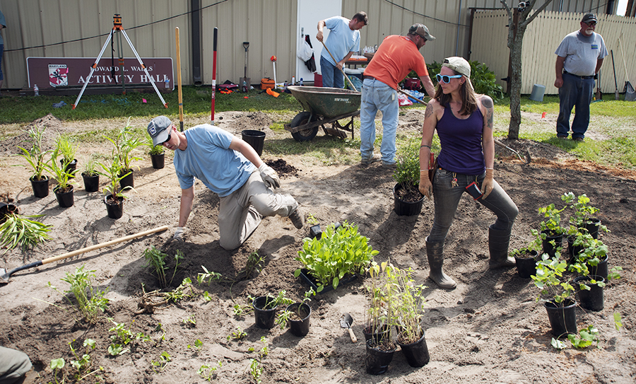 Brian Richardson (front, left) and Jordane Wiseman (front, right) and the other trainees and volunteers worked quickly to get the plants in the ground under a scorching sun. Photo: Daniel Pendick