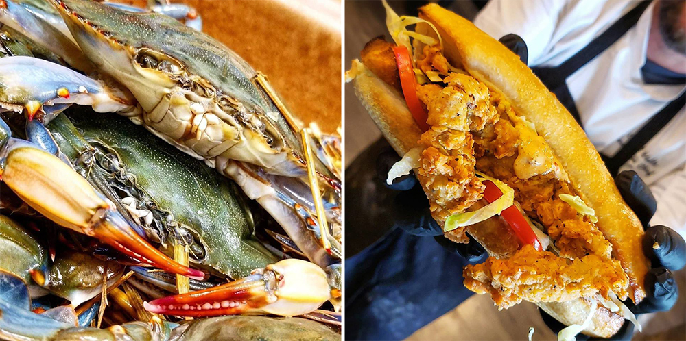 Two images side-by-side. The left image is a close-up of soft shell crabs. The right image is a close-up of a soft-shell crab sandwich being held by a chef