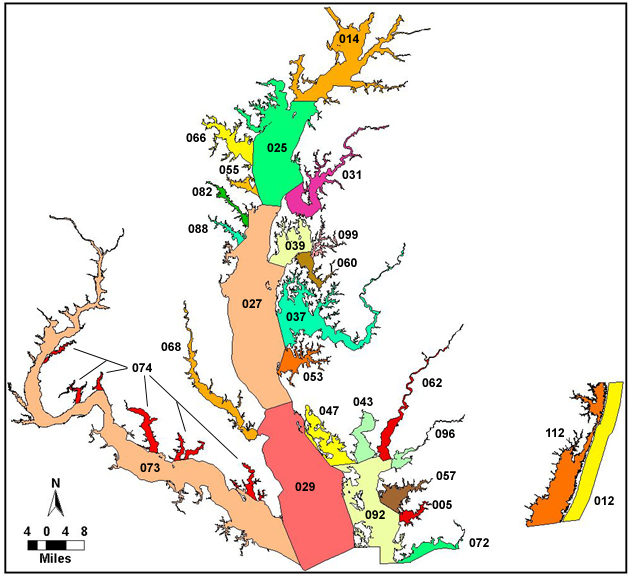 Map indicating the twenty-five different harvest reporting areas of Maryland’s waters.