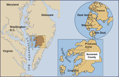 map of Deal Island's location on Chesapeake Bay