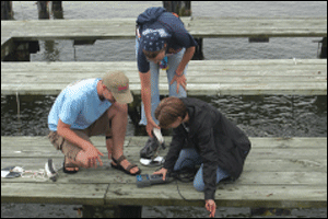 3 students checking a sample at the dock