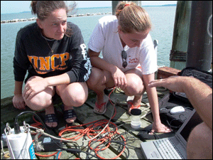 2 students recording the water quality data while on the cruise