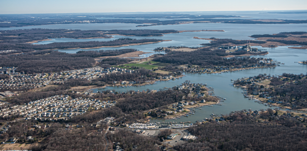 aerial of a Maryland coastal community
