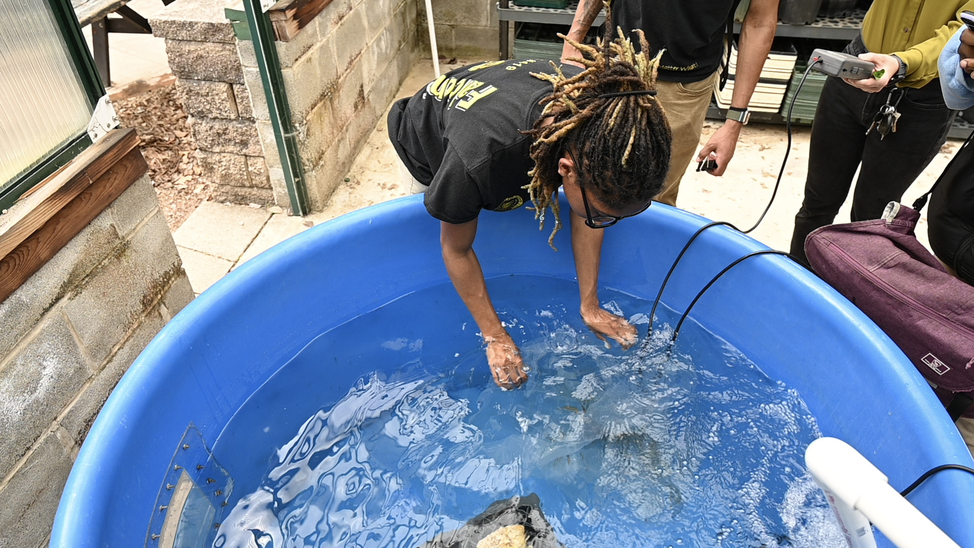 A student leans over a tank of water with fish inside as another person holding a water quality probe stands behind her in a greenhouse.