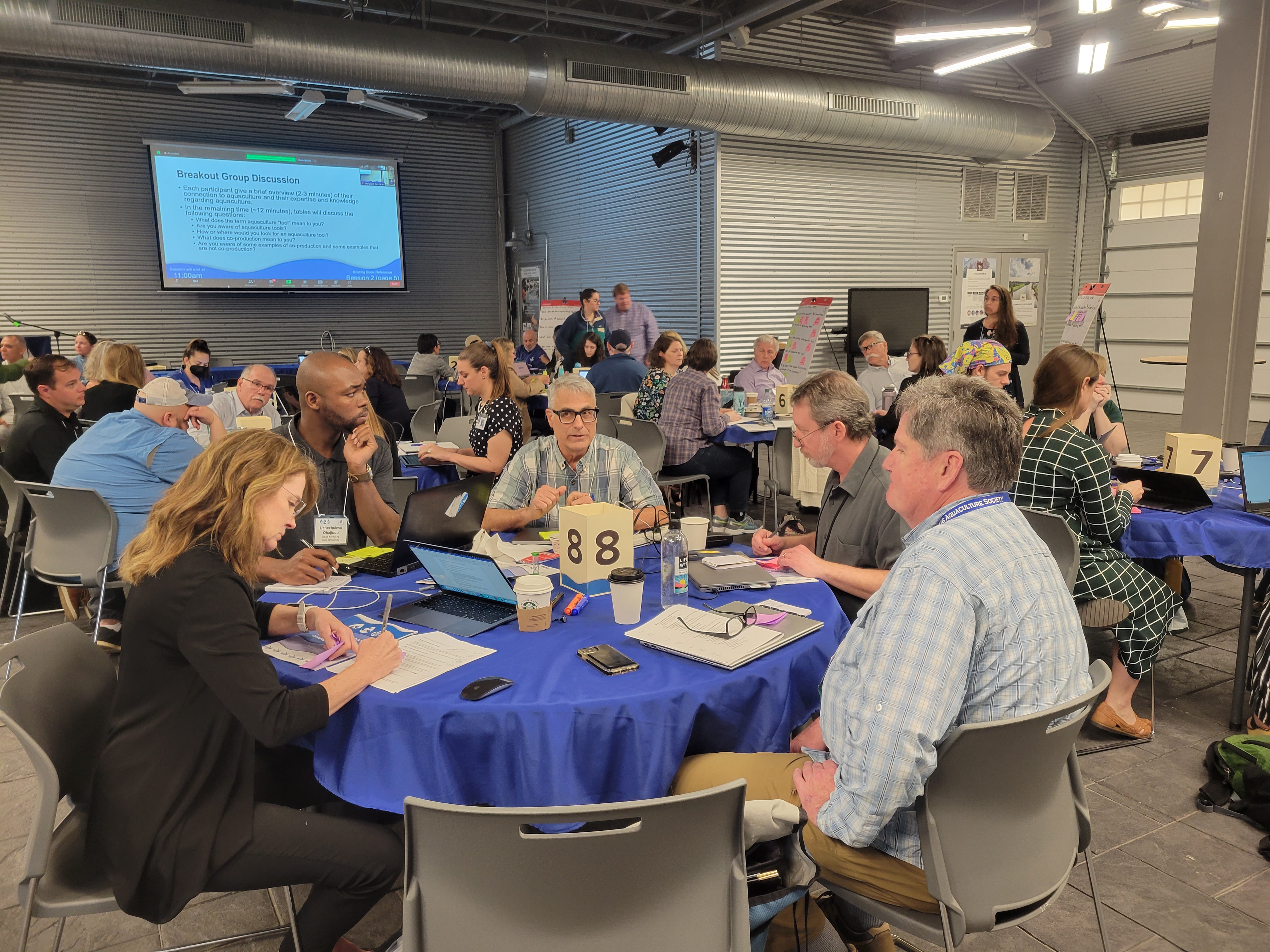 People seated around round tables in a conference room for a workshop