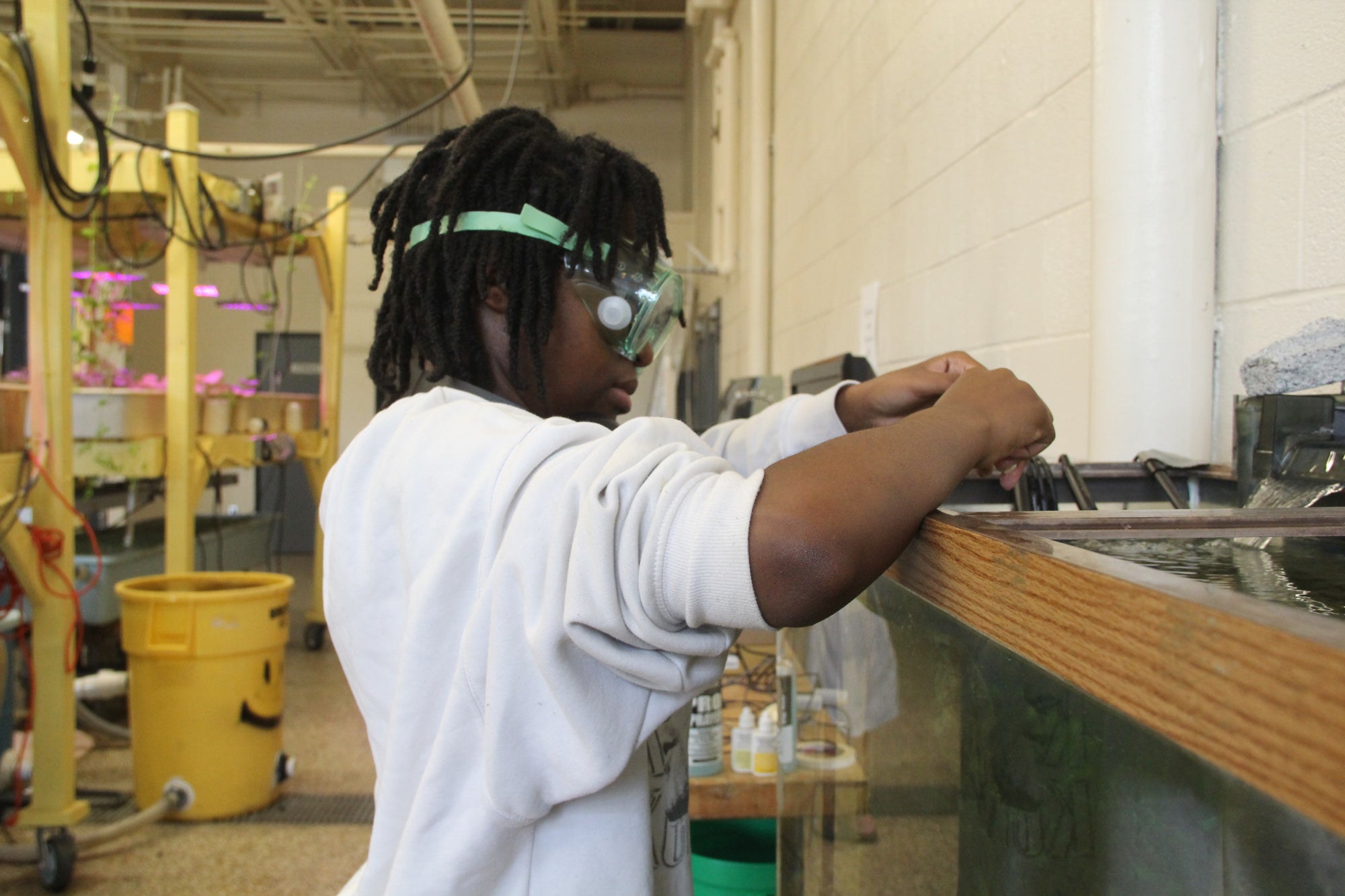 A student wearing safety goggles collects a water sample from a fish tank