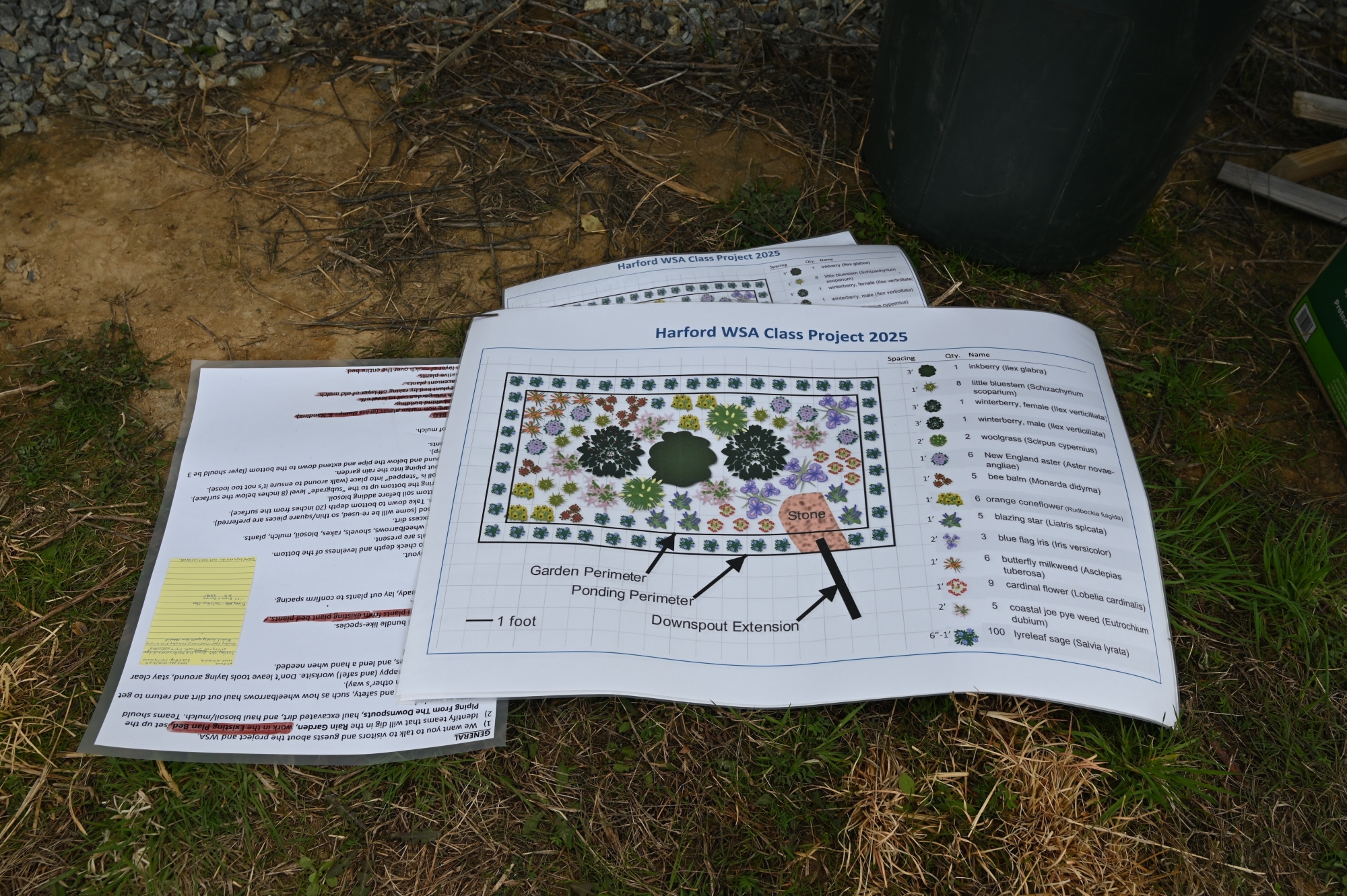 A rain garden schematic and instruction papers lay on the ground.