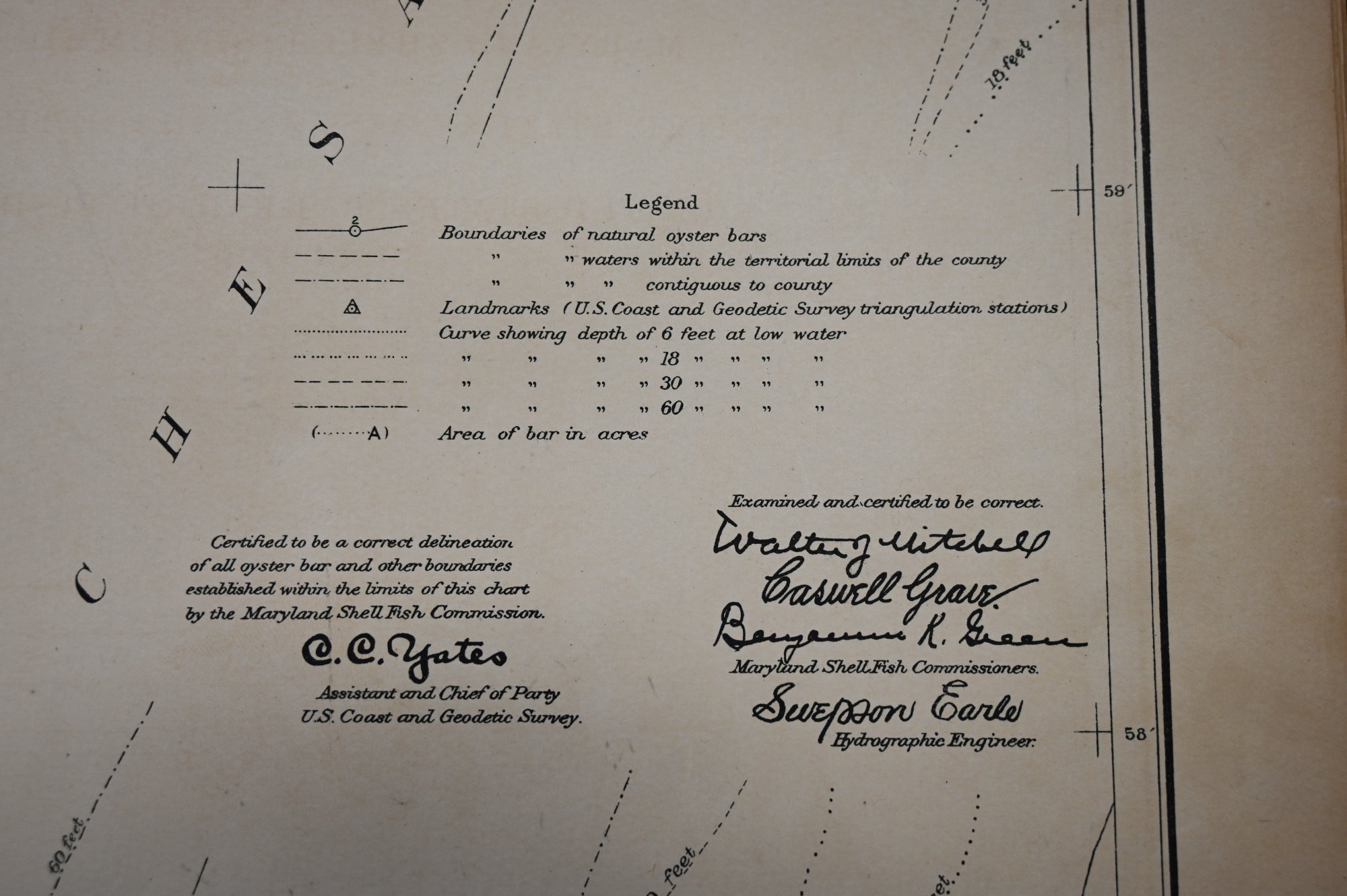 Page of the Yates chart with the chart legend and Capt. C.C. Yates' signature