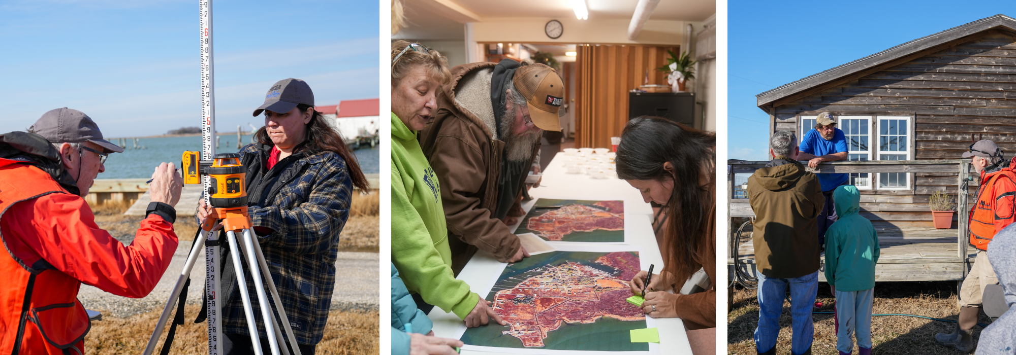 Series of three images showing Extension specialists taking elevation readings, receiving community input on a map, and speaking with homeowners