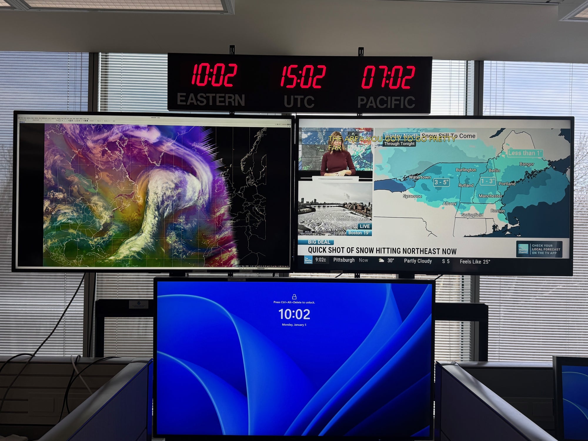 Monitors at the NOAA Center for Weather and Climate Prediction “Ops Floor.”