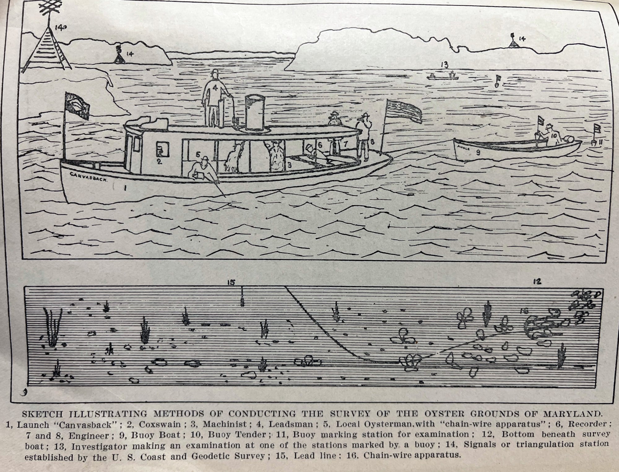 This diagram from the Fourth Report of the Shell Fish Commission of Maryland (published in 1912) illustrates survey methods used in the survey.