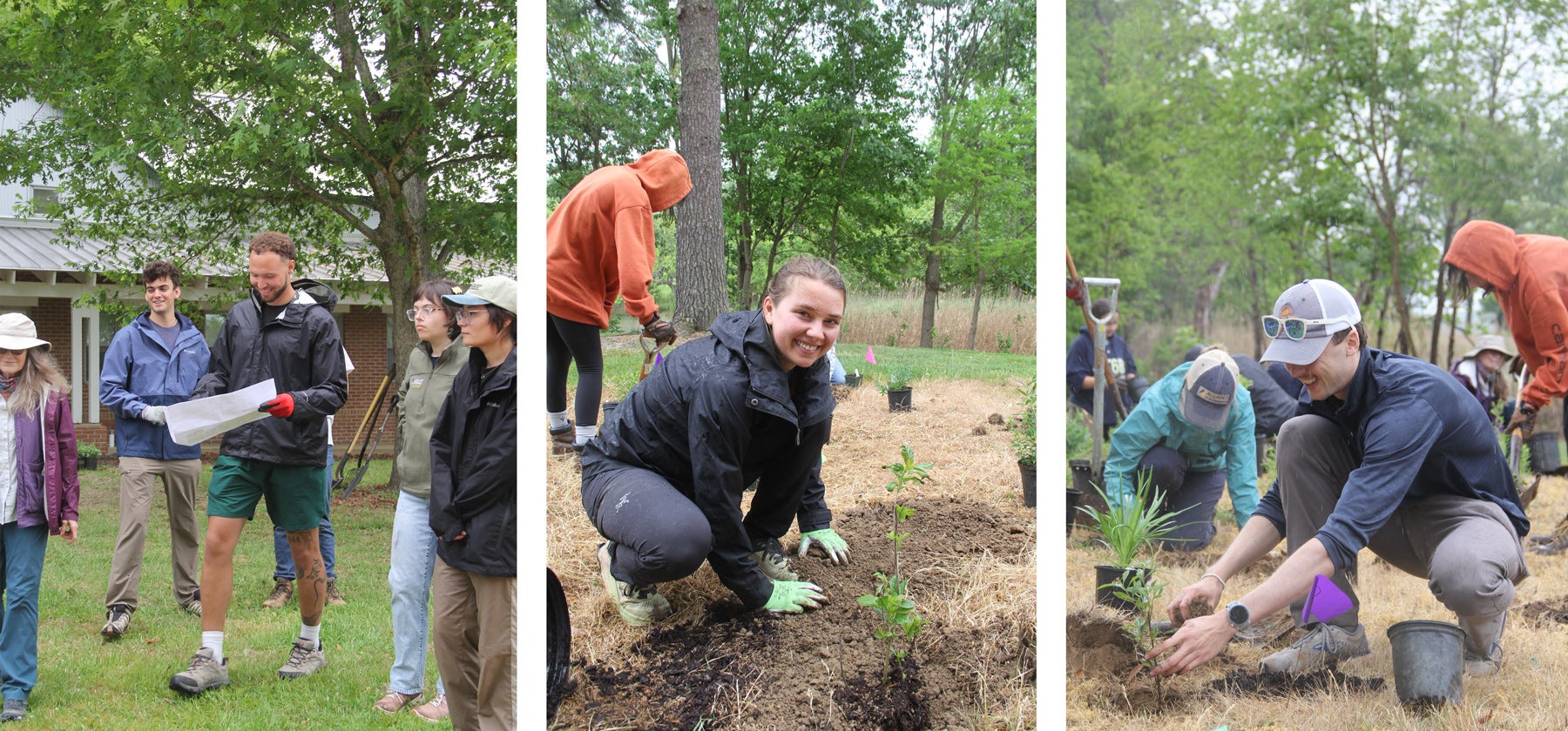 A group of smiling people walk across grass near a building and tree, and one person holds a piece of paper with buffer garden planting plans; A smiling young woman pats dirt over a newly planted garden; a smiling young man plants a small shrub in a garden