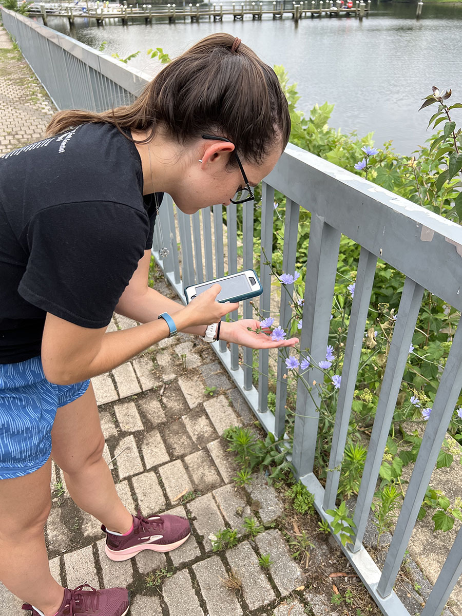 Carly on a stone pathway, next to a metal railing, taking a picture of something in her hand with her phone.