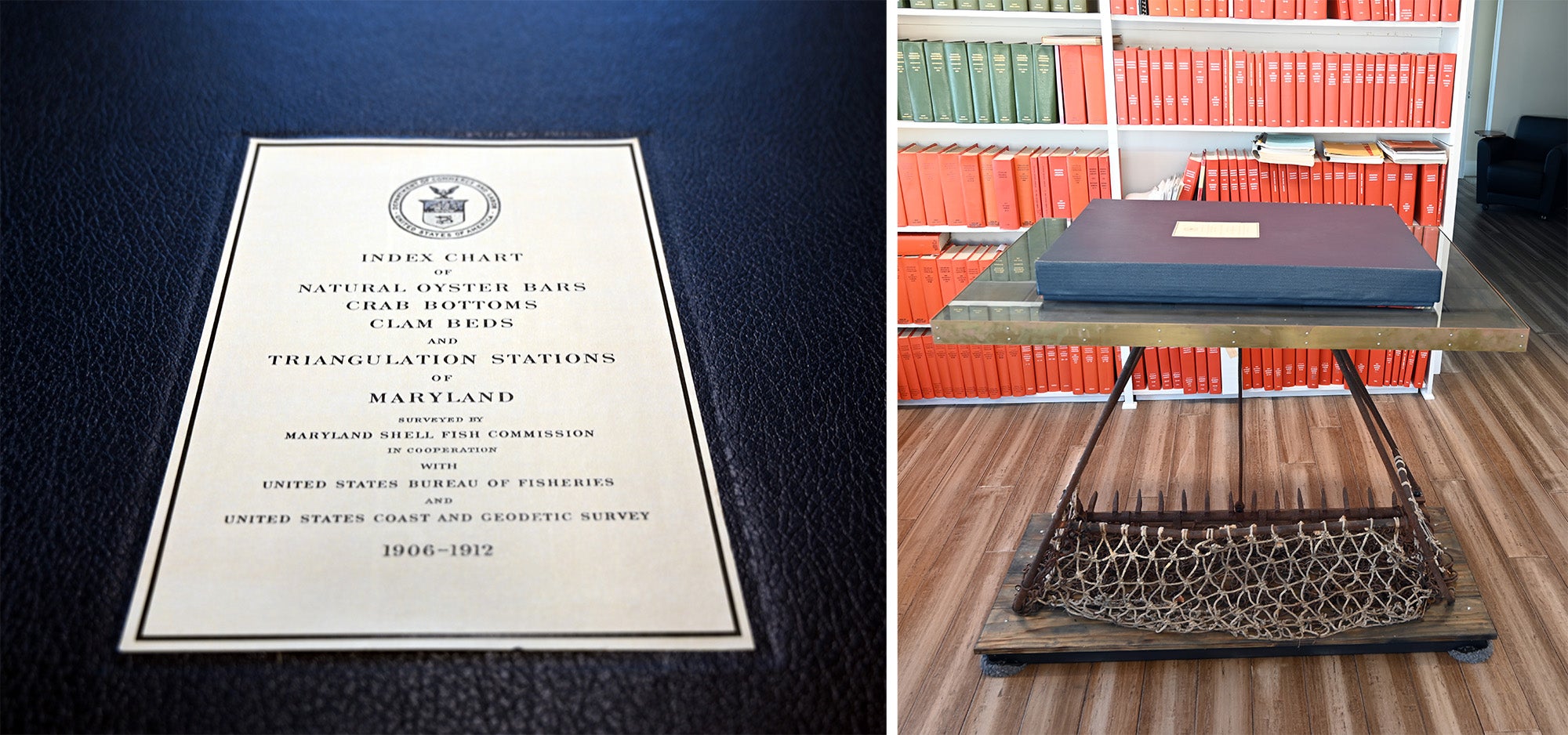 Front plate of Yates chart, reading "Index Chart of Natural Oyster Bars, Crab Bottoms, Clam Beds, and Triangulation Stations of Maryland" and a photo of the charts book sitting on its special display table