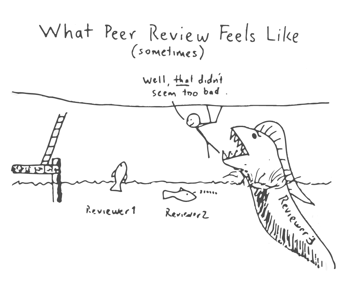 A hand-drawn meme from Dr. Brandon Jones's keynote presentation at the Atlantic Estuarine Research Society Spring 2018 meeting illustrating how peer-review criticism can feel. Credit: Brandon Jones