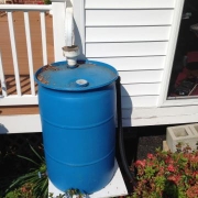 image of rain barrel conencted to home downspout