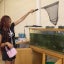 A young woman holds a net with a goldfish in it over a fish tank