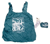 image of a super-compact reusable shopping bag with a screen print of a fish in seagrass that says Maryland Sea Grant