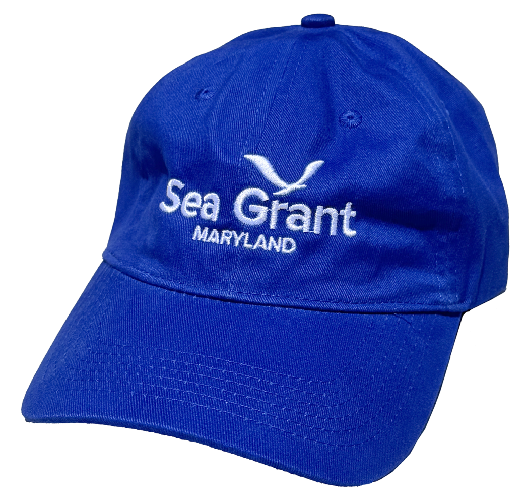 Front view of a baseball style hat, with a bill, with Maryland Sea Grant logo embroidered on the front.
