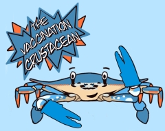 Cartoon blue crab with blue gloves on. A text block saying "The Vaccination Crustacean" is above the crab's head.