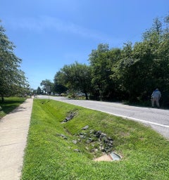 A grassy drainage ditch along a residential road