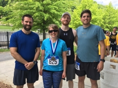 UMCES Appalachian Lab students (left to right) Joel Bostic, Stephanie Siemek, Joe Accord, and Jake Hagedorn after finishing the Path of the Flood half marathon in Johnstown, PA. Credit: Emmely Bostic