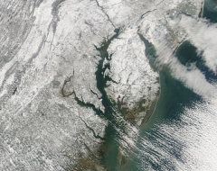 : The Chesapeake Bay on Sunday, December 20, 2009, in the wake of a record-breaking nor’easter that brought record-breaking snow to the region. Photo credit: NASA Earth Observatory 