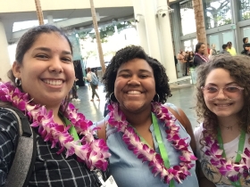 (L to R) Patricia N. Vidal Geraldino, Yaidelisse A. Rivas Rivera, and Ninoshka Betancourt Gómez stop for a selfie during the 2019 Society for the Advancement of Chicanos/Hispanics and Native Americans in Science (SACNAS) meeting, which they attended in Hawaii as TORTUGA students. Credit: Patricia N. Vidal Geraldino / Centro TORTUGA