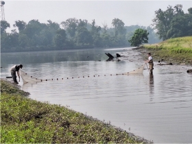 Two people seine net in the Anacostia River.
