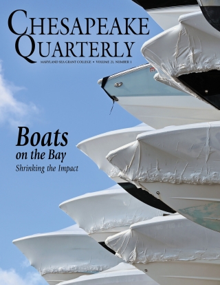 Boats on the Bay cover: 25 foot boats stacked on a boatel with clear sky in the background