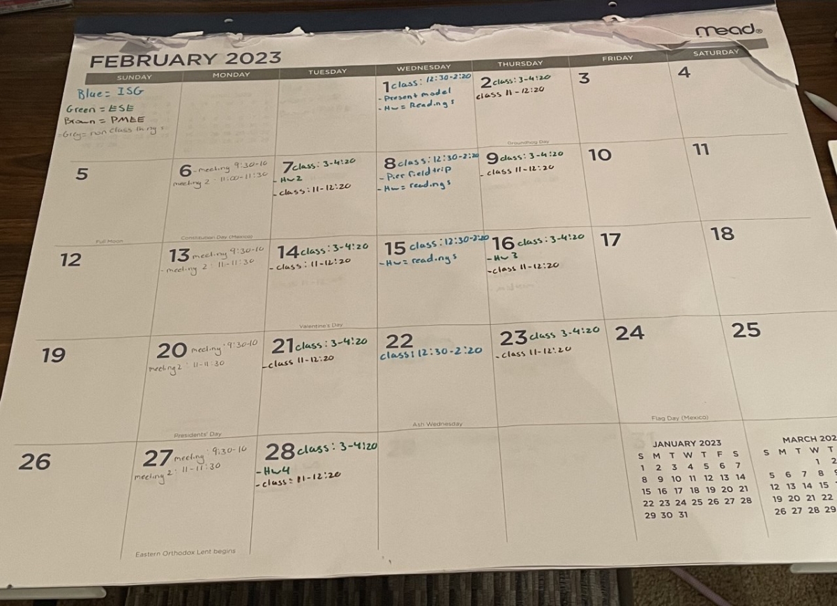 A desk calendar labelled with assignment deadlines.