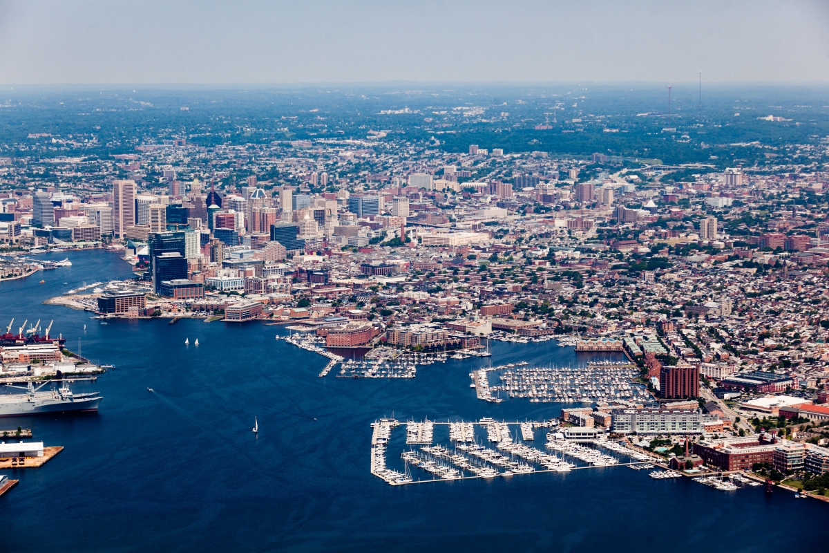 An aerial view of Baltimore's inner harbor.