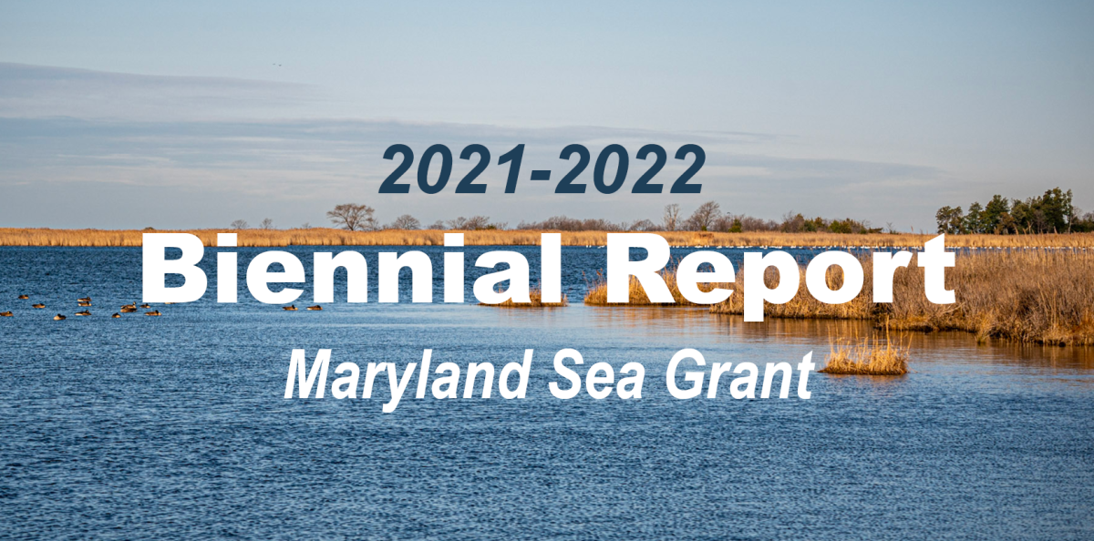 A body of water with marsh grasses and trees and the text "2021-2022 Biennial Report Maryland Sea Grant"