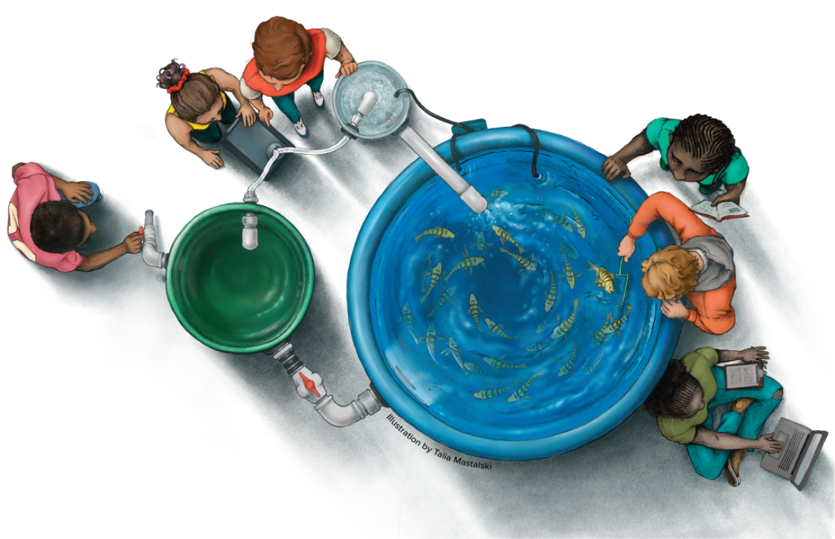 An illustration of an aquaculture fish tank with students around it, as seen from above