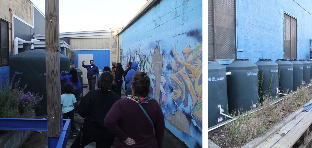 Left: a group of people view a large cistern that is part of a rainwater harveting system; right: smaller rain barrels aligned along a building 