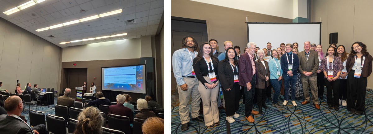 Left: students present a design to a room of seated people; right: a group of students and professionals pose together in a conference center