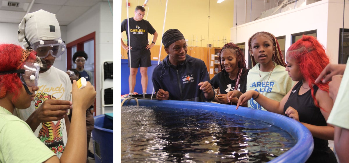 Left: two students hold a small test tube with water and a dropper bottle to test water quality; Right: students gather around a large, circular aquaculture tank and look at the fish in the water