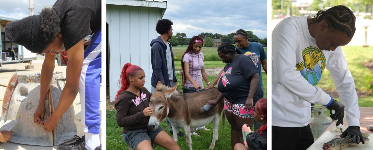 Left: A young man assembles a reef ball container; Middle: A group of teens pet and groom a donkey; Right: A young man practices filleting a fresh fish with a knife